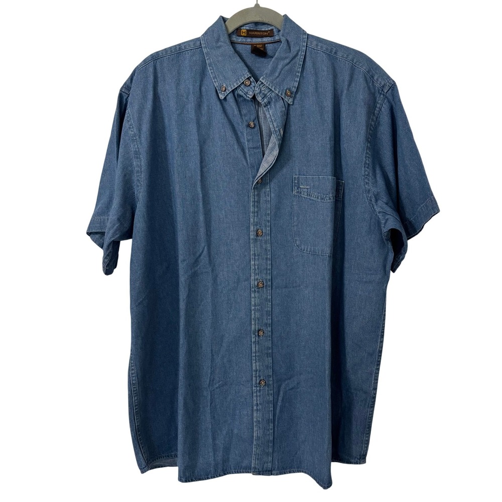 VTG Harriton Denim Short Sleeve Button Down Shirt Mens XL Blue Cotton Workwear